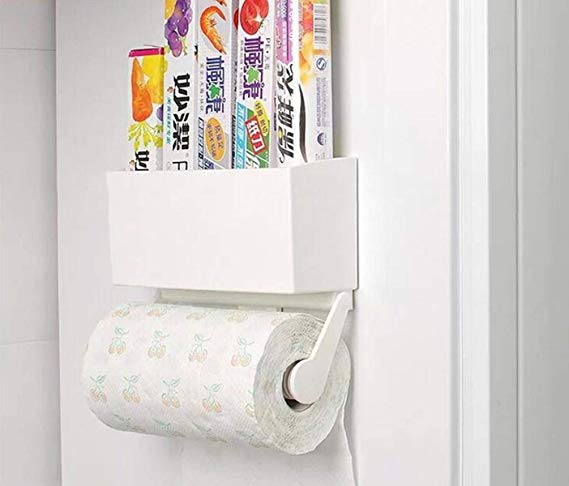 Magnetic Paper Towel Holder for Refrigerator with Storage Box, ReachTop Multifunctional Kitchen Rack Organizer Microwave Oven Metal Surface, Paper Roll Holder with Strong 4.4 lbs Capacity, White