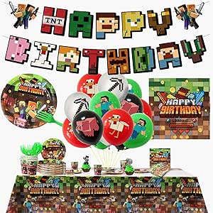 Pixel Birthday Party Decorations Supplies for Minecraft Favors Kit, Featuring a Pixel Game Banner, Plates, Napkins, Cups, Tablecloth, Balloons, Forks, and Party Decor., Green