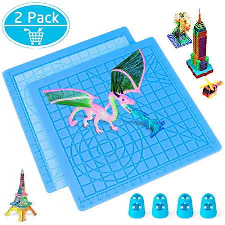 3D Printing Pen Mat, Splaks 2 Pack Silicone Design Mat with Basic Template, Best Heat Resistant 3D Pen Drawing Tools with 4 Silicone Finger Caps