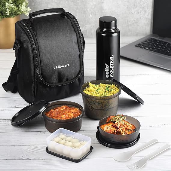 CELLO Max Fresh All in One Lunch Box Set of 5 with Fabric Bag | 3 Plastic Containers, 1 Pickle Box and 1 Steel Bottle | Microwave Safe | Full Meal and Easy to Carry, Black