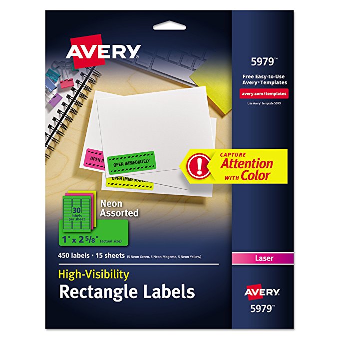 Avery Neon Laser Labels, Rectangle, Assorted Fluorescent Colors, 1" x 2-5/8", 450/Pack (5979)