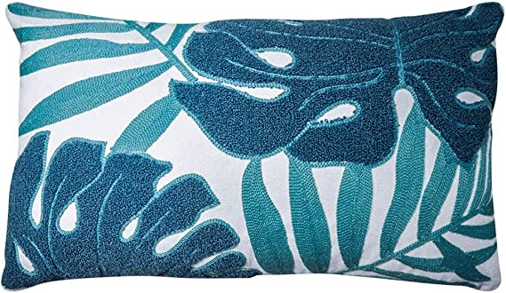 Mulzeart Cotton Embroidery Tropical Leaf Palm Pattern Throw PillowCovers, Woven Comfy Decorative Pillows Covers Cushion Case for Couch Sofa Bedroom Car, Pillow Case ONLY(12 x 20 Inch), BlueTurquoise
