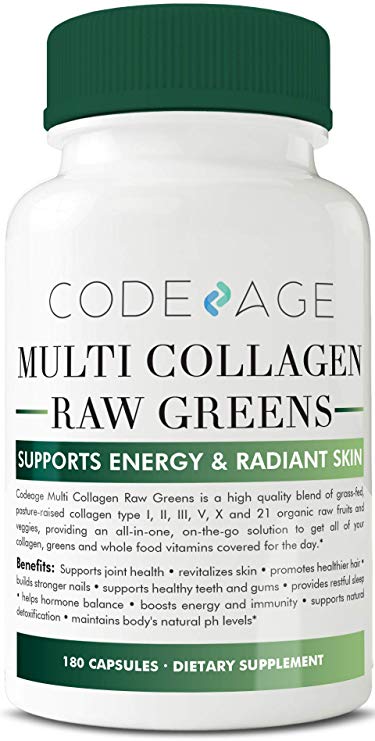 Multi-Collagen Pills   Raw Greens Superfood - 180 Count - Grass-Fed Collagen Type I, II, III, V, X and 21  Organic Whole Foods (Celery Seed Extract, Spirulina, Chlorella, Broccoli) All-in-One