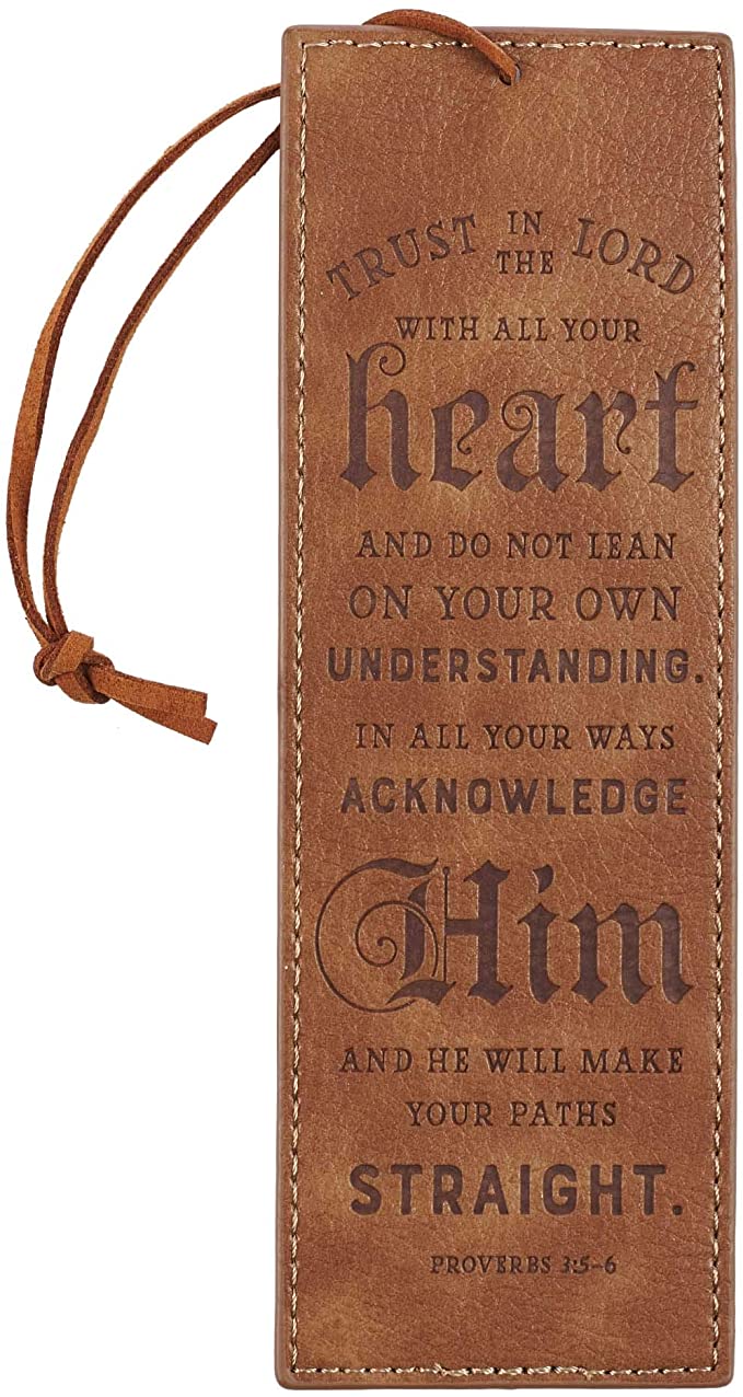 Christian Art Gifts Brown Faux Leather Bookmark | Trust in The Lord - Proverbs 3:5 Bible Verse Inspirational Bookmark for Women and Men w/Cord Tassel