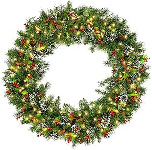 Hykolity 48 in. Large Pre-Lit Christmas Wreath with 200 Warm White LED Lights, 434 Branch Tips, Artificial Wintry Pine Wreath with Timer, Pinecones & Red Berries, Plug in