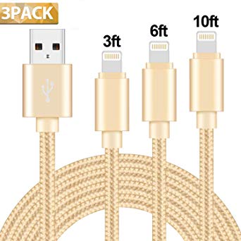 Damenv Phone Charger 3Pack 3FT 6FT 10FT Nylon Braided to USB Syncing and Charging Cable Data Cord Charger Compatible with iPhone XS MAX XR X 8 8 Plus 7 7 Plus 6s 6s Plus 6 6 Plus iPad iPod Nano - Gold