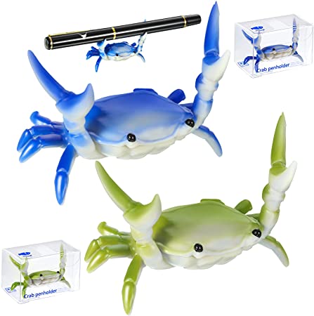 2 Pieces Japanese Creative Cute Crab Pen Holder for Desk Weightlifting Crab Pen Holder Creative Present Stand Storage Stationery Desktop Decoration Ornament, Blue and Green