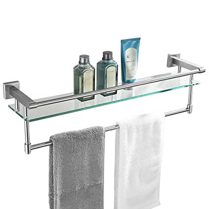 JQK Bathroom Glass Shelf, Stainless Steel Large Towel Rack with 24 Inch Bar, Towel Holder Brushed Wall Mount