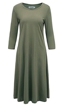 Emiqude Women's Casual A Line Flare Swing 3/4 Sleeve Midi Dress with Pocket