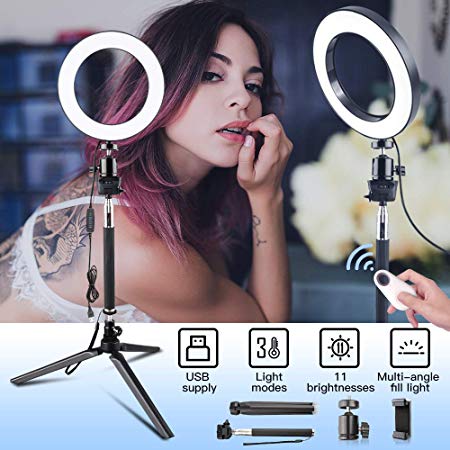 Ring Light with Adjustable Stand & Phone Holder Lighting Kit for Phone Camera YouTube Makeup Video Travor 6-inch Dimmable LED Selfie Light with Remote Control, 3 Modes and 11-Level Brightness