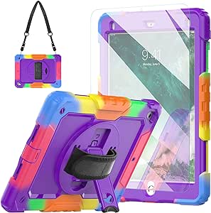 iPad Air 2 Case 9.7 Inch with Tempered Glass Screen Protector Pencil Holder,Blosomeet Protective Kids Case for iPad 6th/5th Generation 2018 2017/iPad Pro 9.7 with Stand Hand Shoulder Strap,Purple