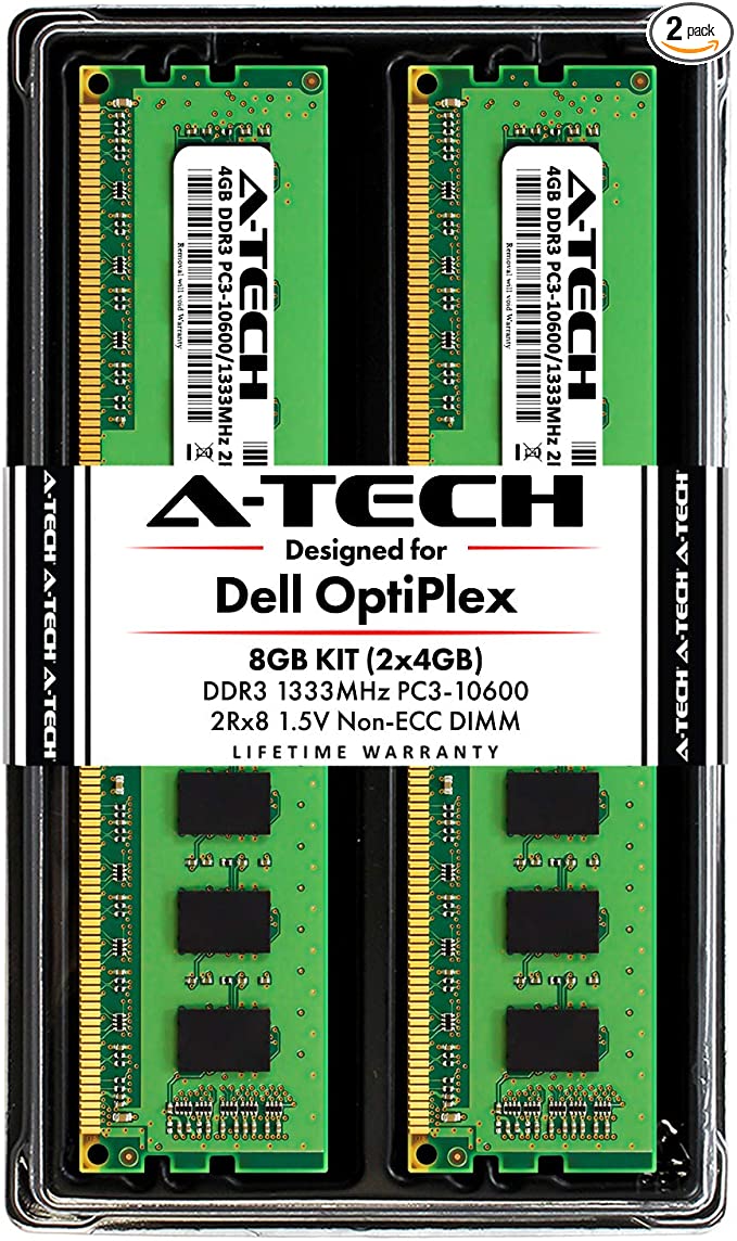 A-Tech 8GB RAM Kit for Dell OptiPlex 9010, 7010, 3010, 990, 980, 790, 390, DT/MT/SFF/USFF - (2 x 4GB) DDR3 1333MHz PC3-10600 Non-ECC DIMM Memory Upgrade