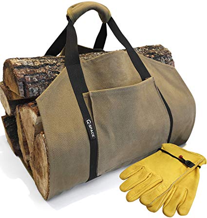 Log Carrier - Canvas firewood Carrier Bag - 20oz Waxed Canvas firewood Tote Bag - Log Bag Carrier ( Gloves)