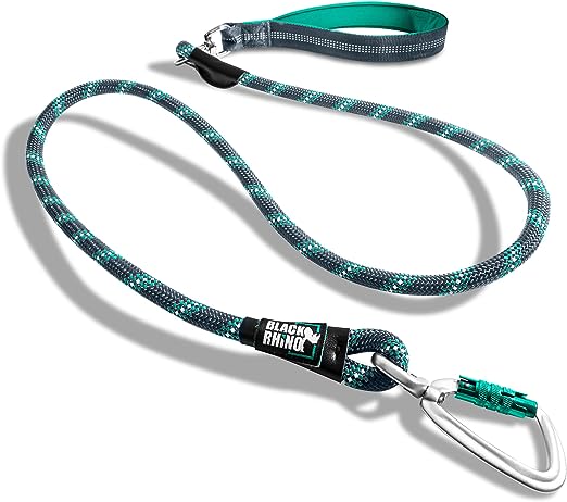 Black Rhino – Heavy Duty Dog Rope Leash with Ultra-Soft Neoprene Padded Handle | Aircraft Aluminum Carabiner | Reflective Weatherproof Dog Leash for Small Medium Large Dogs (5 Feet, Aqua/Gr)