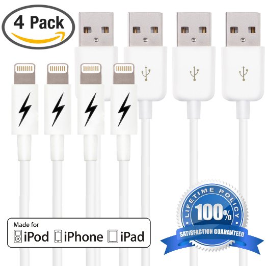 Zeus Products Certified Lightning Cord to USB Charging Connector for iPhone 6 6 Plus, 5s 5c 5, iPad mini/Air/Pro, iPod Touch/Nano - White 3 FT (4 PACK)
