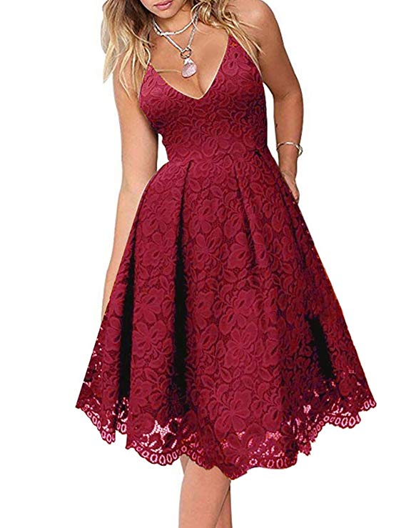 MEROKEETY Women's Lace Floral V Neck Spaghetti Straps Backless Cocktail A-Line Dress for Party