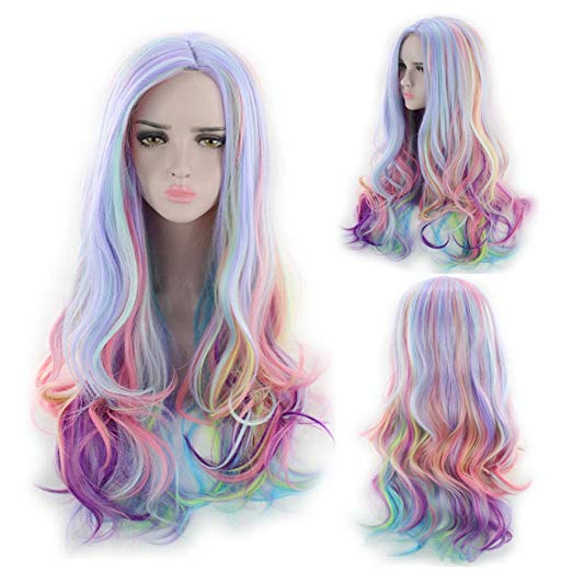 27.56'' Long Multicolor Big Wavy Ombre Spring Bouquet Cosplay Wig For Women Harajuku Style Lolita Spiral Colorful Fiber Synthetic Halloween Wig (blue/pink/purple)