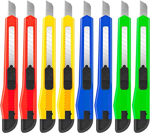8Pack Utility Knife Box Cutters(9MM Wide Blade Cutter 4 Colors) Exacto Knife Retractable, Compact, Extended Use for Heavy Duty Office, Home, Arts Crafts, Hobby