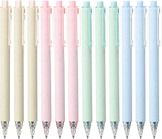 24 Pieces Wheat-Straw Patterns Retractable Gel Ink Pens Refillable Ballpoint Pen 0.5mm Fine Point Black Ink Pastel Pens Barrel Writing Roller Pens for Office School or Home (Blue, Green, Pink, Khaki)