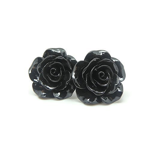 Large Rose Earrings on Plastic Posts for Metal Sensitive Ears, Black