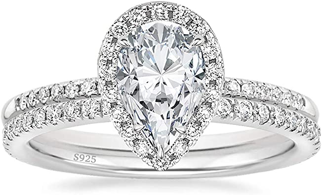 EAMTI 1.25CT 925 Sterling Silver Wedding Bands Pear Teardrop Bridal Rings Sets Cubic Zirconia Halo CZ Engagement Rings for Women Promise Rings for her Size 4-11
