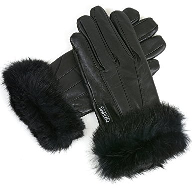 Alpine Swiss Women's Leather Dressy Gloves Rabbit Fur Trim Cuff Thermal Lining