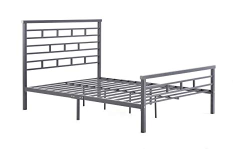 Hodedah Complete Metal Bed with Headboard, Low Footboard, Slats and Rails, Queen Size, Grey