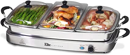 Maxi-Matic Elite Platinum EWM-9933 7.5 Quart Triple Buffet Server, Tray, Oven-Safe Pan, Gravy & Holiday Essentials, Stainless Steel