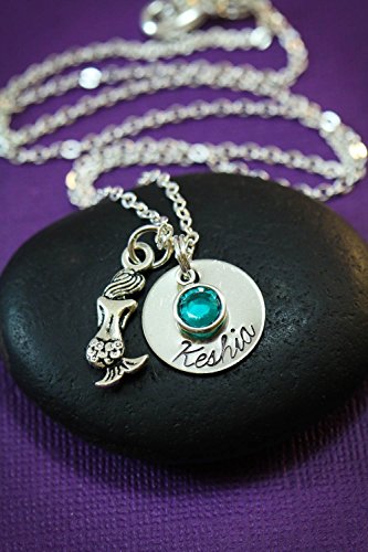 Personalized Mermaid Necklace - DII - Birthday Party - Handstamped Handmade Jewelry - 5/8 Inch 15MM Silver Disc - Customized Chain Length - Custom Birthstone Crystal - Fast 1 Day Shipping