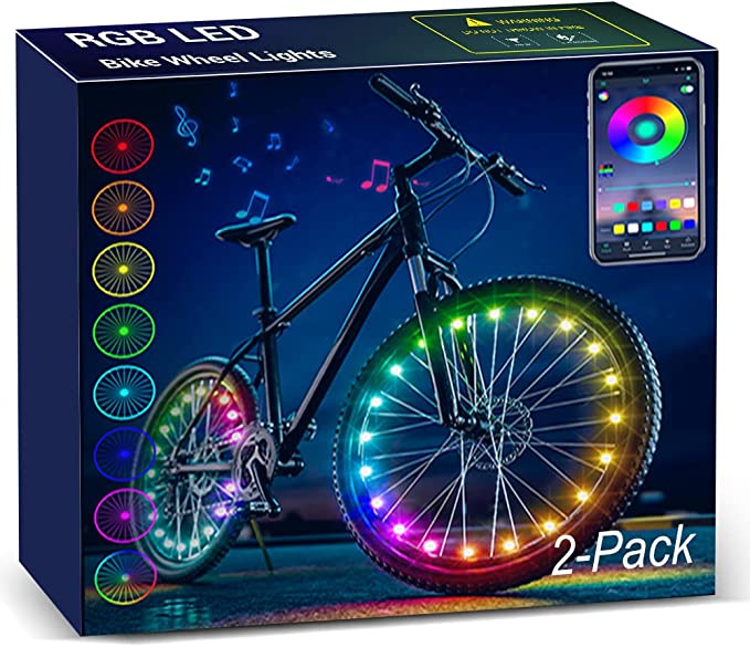 MustWin Smart Bike Wheel Lights 2 Tire Pack Multicolor APP Control Bright Bicycle LED Lights Waterproof Safety Decoration Spoke Lights Best Gifts for Kids Teens Boys Girls Men (Battery Not Included)