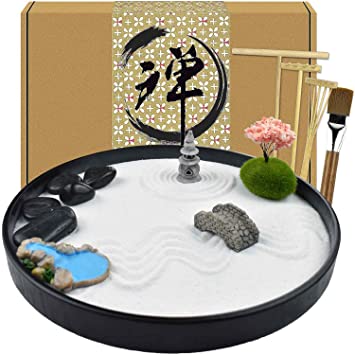 Artcome Japanese Zen Sand Garden for Desk with Rake, Stand, Rocks and Mini Furnishing Articles - Office Table Accessories, Mini Zen Sand Garden Kit - Meditation Gifts