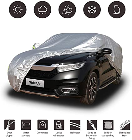 Shieldo Basic Car Cover with Buid-in Storage Bag Door Zipper Windproof Straps and Buckles 100% Waterproof All Season Weather-Proof Fit 211-220 inches SUV