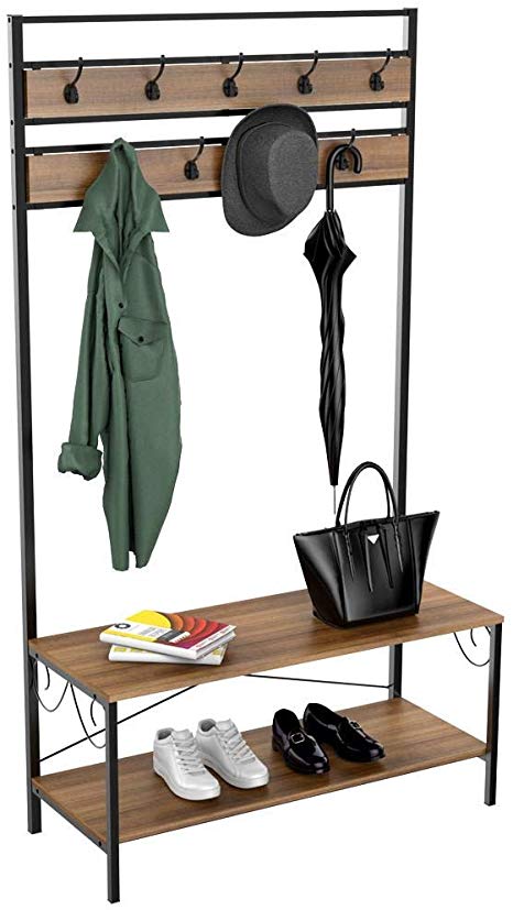 Yaheetech Industrial Hall Tree with Storage Bench Entryway Bench with Coat Rack/Hooks/Hanger Stand Sturdy Bench Coat Tree Shoes Shelving Wood and Metal