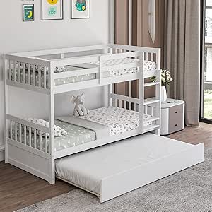 Giantex Twin Over Twin Bunk Bed with Trundle, Convertible Platform Bed Frame with Ladder & Solid Wood Frame, Space-Saving Bunk Bed for Teens & Adults, No Box Spring Needed, White