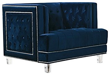 Meridian Furniture 609Navy-C Lucas Button Tufted Velvet Upholstered Armchair with Square Arms, Silver Nailhead Trim, and Lucite Legs, Navy