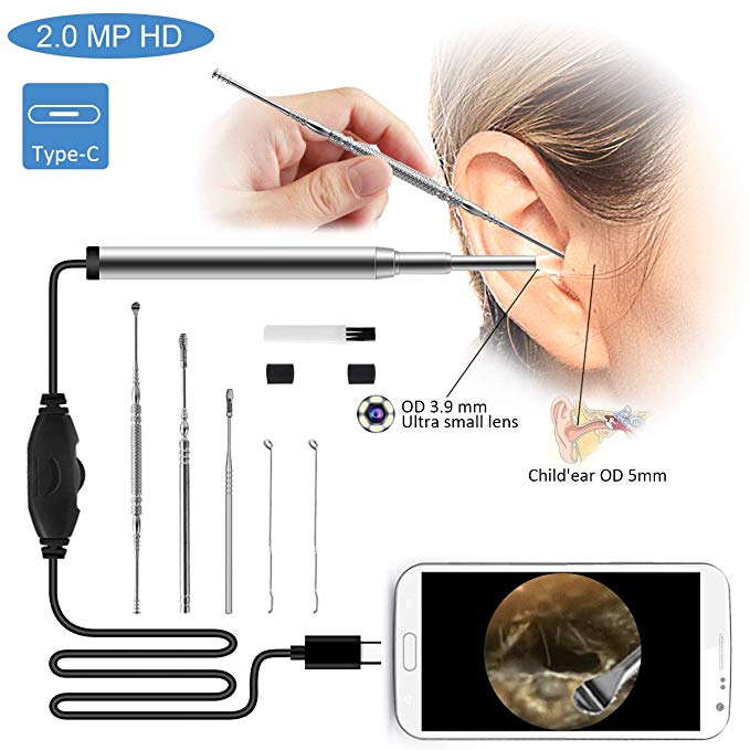 Ear Otoscope Cleaning Endoscope Camera 3.9mm Small Lens 2.0 Mega Pixel 720P HD  Borescope Inspection Camera Otoscope Visual Earpick Tool with 6 Adjustable Led for Type-C
