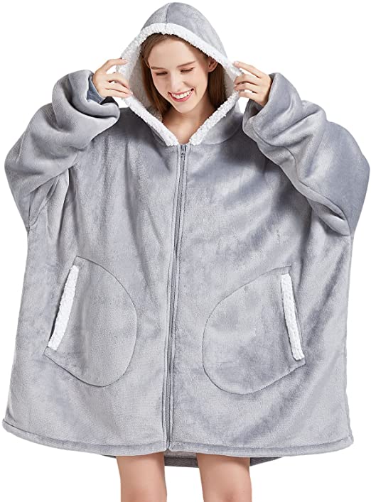 Wearable Blanket Hoodie with Zip for Women Men, Fuzzy Warm Sherpa Comfy Oversized Hoodie Blanket Plush Sweatshirt with Giant Pocket One Size Fits All-Light Grey