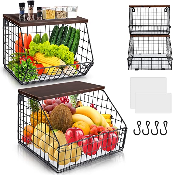 Mefirt Fruit Basket, Enlarged 2-Tier Kitchen Organization Wire Basket with Wood Lid, Stackable Wall-mounted & Countertop Tiered Storage Baskets for Potato Storage, Onion Storage, Snack Onganizer etc