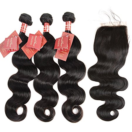 Moda Mode Hair Virgin Human Hair Extensions Brazilian Body Wave 3 Bundles with Lace Closure Free Part (22 24 26 18inch Closure) Tangle Free Natural Color Weft