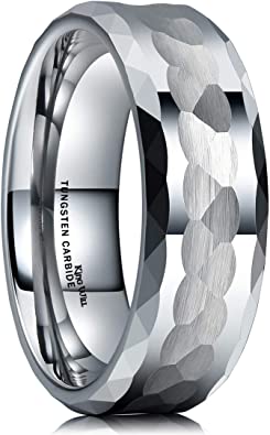 King Will Hammer Men 8mm Tungsten Carbide Ring Multi-Faceted Hammered Polished Finish Wedding Band