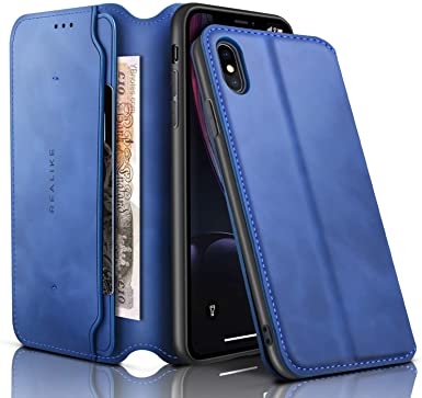 REALIKE for iPhone Xs Max Wallet Case Leather Flip Case with Card Holder Pocket For iPhone Xs Max Kickstand Magnetic Closure Shockproof Protection Case for Men and Women-Blue Color