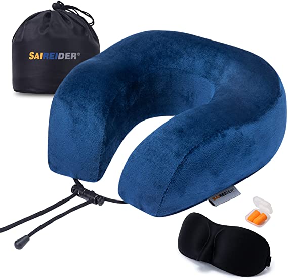 SAIREIDER Travel Pillow 100% Memory Foam Airplanes Neck Pillows -Prevent The Heads from Falling Forward Travel Neck Pillows with Sleep Mask and Earplugs-Navy Blue