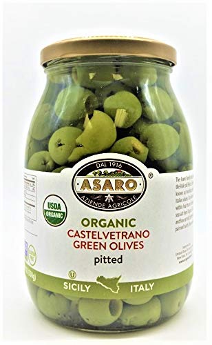 ASARO Organic Castelvetrano Green Pitted Olive Pack of 1 Jar - 36 Fl.Oz. DR WT 16 Oz.z/550 gm.