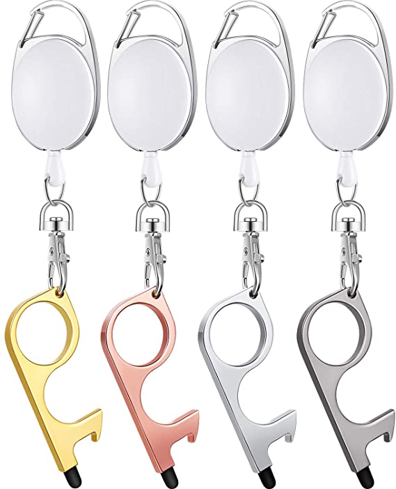 No Touch Door Opener Tool with Retractable Badge Holder, Non-Contact Door Open Keychain Tool Handheld Button Pusher with Badge Reels for Keeping Hands Clean (White, Gold, Grey, Pink, White,8 Pieces)
