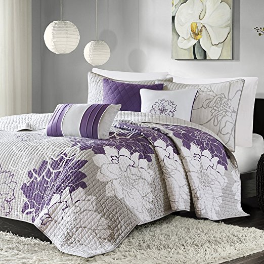 Madison Park MP13-2313 Lola 6 Piece Quilted Coverlet Set, King/California King, Grey/Purple