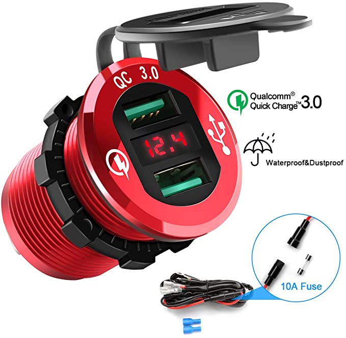 Dual USB Cigarette Lighter Socket Charger, Rocketek Waterproof Car Power Outlet Fast Charge with LED Voltmeter & Wire Fuse DIY Kit for 12V/24V Car Boat Marine Motorcycle ATV Bus Truck and More