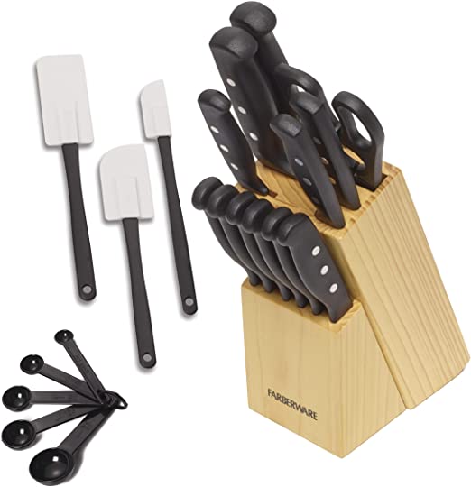 Farberware 22-Piece Never Needs Sharpening Triple Rivet High-Carbon Stainless Steel Knife Block and Kitchen Tool Set, Black