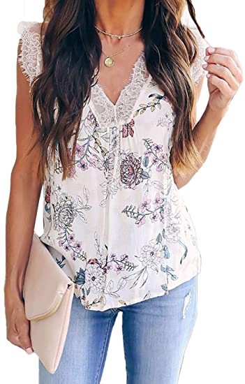 FARYSAYS Women's Summer Sleeveless Lace V Neck Tank Tops Loose Casual Shirts Blouses