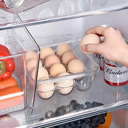 Ambergron Stackable Egg Holder Organizers for Refrigerator, Freezer, Kitchen Plastic 12 Eggs Storage Trays with Lids, Pantry, Fridge, Countertop, Kitchen, Clear Container, BPA-Free