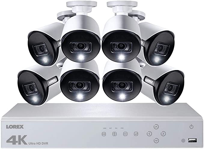 Lorex 4K Weatherproof Indoor/Outdoor HD Security Camera, HD Active Deterrence w/Long Range Night Vision(8 Pack)-Includes 8 Channel DVR, Motion Activated Lights, and Remote-Triggered Sirens
